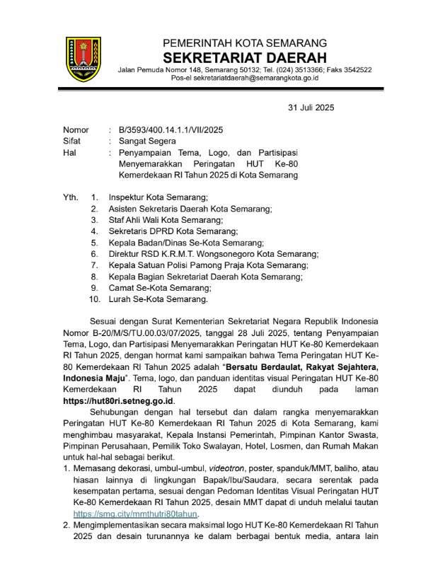 Penyampaian Tema, Logo, dan Partisipasi Menyemarakkan Peringatan HUT Ke-80 Kemerdekaan RI Tahun 2025 di Kota Semarang